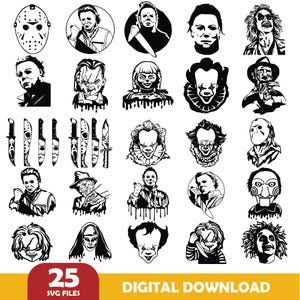Puede incluir: Una colección de 25 archivos SVG en blanco y negro con personajes y elementos icónicos de películas de terror. Incluye imágenes de Michael Myers, Pennywise, Freddy Krueger, y más. También está presente el texto "DESCARGA DIGITAL".