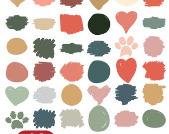 Pode incluir: Uma imagem digital com 40 arquivos SVG. Apresenta várias formas, incluindo corações, pegadas e pinceladas abstratas em tons suaves. O texto "DIGITAL DOWNLOAD" é exibido.