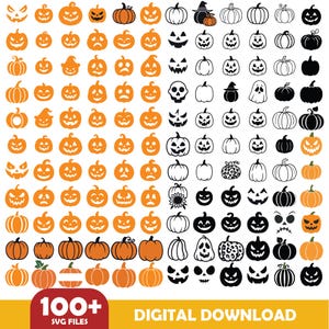 May include: A collection of over 100 Halloween-themed SVG files featuring various pumpkin designs. The pumpkins are in orange and black, with different carved faces and shapes. The words "100+ SVG FILES" and "DIGITAL DOWNLOAD" are also present.