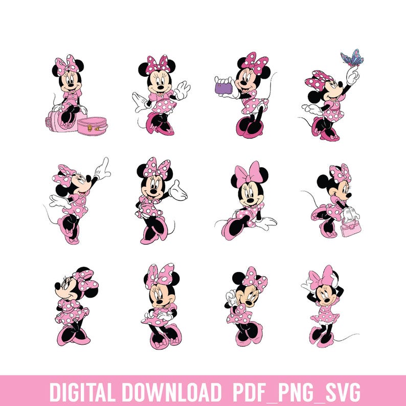 May include: A set of ten digital images featuring Minnie Mouse in various poses. Minnie is wearing her signature red and white polka dot dress and black shoes. She is holding a suitcase, a purse, a butterfly, and other accessories. The images are perfect for crafting, scrapbooking, and other creative projects.