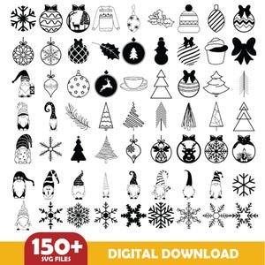 May include: A collection of black and white digital illustrations featuring Christmas ornaments, snowflakes, gnomes, and festive designs. The image includes the text "150+ SVG FILES" and "DIGITAL DOWNLOAD".