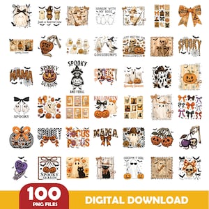 Op de afbeelding: Een verzameling van 100 PNG-bestanden met Halloween-thema graphics. De ontwerpen omvatten geesten, pompoenen, vleermuizen, strikken en tekst zoals "Spooky Season". De onderkant van de afbeelding leest "Digital Download".