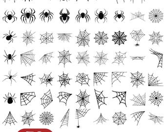 May include: A collection of 70 black and white spider and spiderweb SVG files. The image features various spider illustrations and different spiderweb designs, perfect for Halloween or spooky-themed projects. The words "70 SVG FILES" and "DIGITAL DOWNLOAD" are also present.