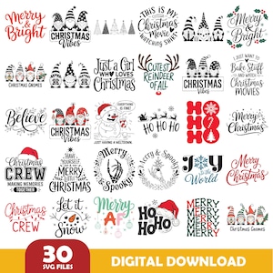 May include: A collection of Christmas-themed SVG files with various designs. The designs include text like "Merry & Bright", "Christmas Vibes", and "Christmas Gnomes", along with festive illustrations. The image also includes the text "Digital Download".