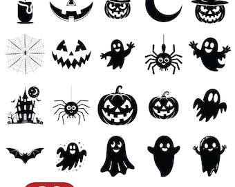 May include: Black and white Halloween-themed SVG files. Includes jack-o'-lanterns, ghosts, spiders, a haunted house, a bat, a candle, and a crescent moon. The text "20 SVG FILES" and "DIGITAL DOWNLOAD" are also present.
