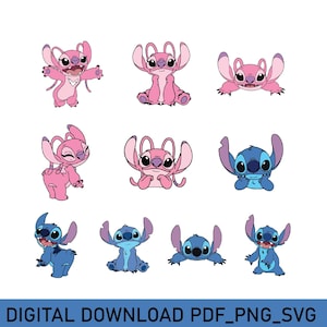 May include: A set of nine cartoon character images featuring Stitch and Angel from the Disney movie Lilo & Stitch. The characters are in various poses and expressions, with some wearing pink and others wearing blue.