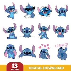 Stitch Svg-bundel, Cartoon SVG-bundel, Stitch Clipart, Stitch PNG, SVG-bestanden voor Cricut en Sillhouette, Instant Download