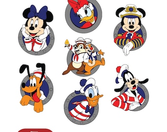 May include: Seven Disney character SVG files, including Minnie Mouse, Daisy Duck, Mickey Mouse, Chip and Dale, Pluto, Donald Duck, and Goofy. Each character is in a circular frame with a nautical theme. The bottom of the image has the text "7 SVG FILES" and "DIGITAL DOWNLOAD".