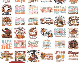 May include: A collection of 50 digital SVG files with fall and Thanksgiving-themed designs. The designs feature text and illustrations of pumpkins, turkeys, and autumn phrases in various colors.