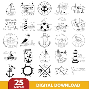 Könnte beinhalten: Eine Sammlung von 25 digitalen SVG-Dateien mit nautischen Illustrationen. Designs umfassen Anker, Segelboote, Leuchttürme, Möwen und Sätze wie "Moin" und "Anker Platz". Die Bilder sind in Schwarzweiß.