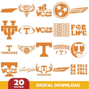 May include: A collection of orange-colored Tennessee-themed logos and graphics. The designs include the state outline, the letter "T", the words "Tennessee" and "Vols", and other related imagery. The image also includes the text "20 SVG FILES" and "DIGITAL DOWNLOAD".