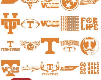 May include: A collection of orange-colored Tennessee-themed logos and graphics. The designs include the state outline, the letter "T", the words "Tennessee" and "Vols", and other related imagery. The image also includes the text "20 SVG FILES" and "DIGITAL DOWNLOAD".