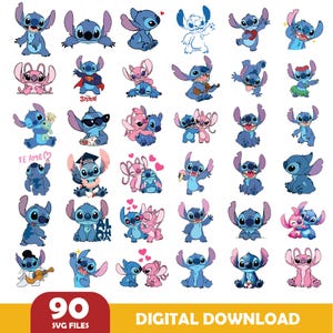 Puede incluir: Una colección de 90 archivos digitales SVG con varias ilustraciones del personaje Stitch en diferentes poses y atuendos. Las imágenes incluyen a Stitch con gafas de sol, sosteniendo una guitarra y con el texto "Te Amo".