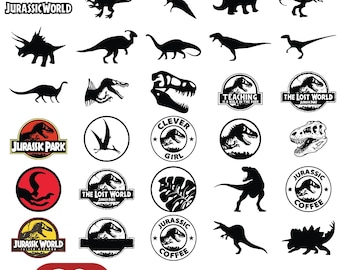 May include: A collection of black dinosaur silhouettes and logos, including the text "Jurassic World," "Jurassic Park," and "Jurassic Coffee." The image also includes the text "30 SVG FILES" and "DIGITAL DOWNLOAD."
