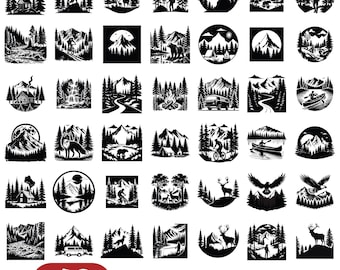 Wald Landschaft SVG, Waldszene svg, Wald Silhouette svg, Sofort-Download, Berg-Svg-Bundle, kommerzielle Nutzung, Wald SVG