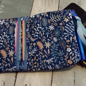 May include: A blue fabric pouch with a floral pattern and a blue ribbon. The pouch is open and has several colorful ribbons inside. The pouch is sitting on a wooden surface.