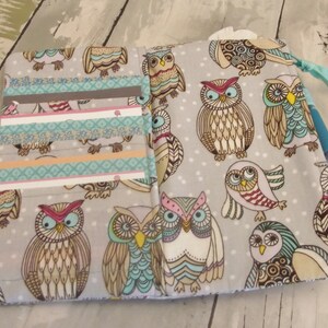 May include: A gray fabric owl-themed zippered pouch with a blue ribbon and a pen holder. The pouch has multiple card slots and is decorated with colorful owls.