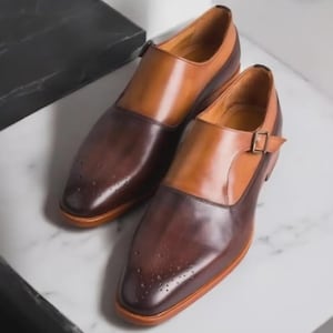 Men&#39;s handmade genuine brown leather two tone  monk dress formal shoes