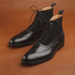 Botas masculinas de cano alto, feitas à mão, em couro legítimo preto com camurça