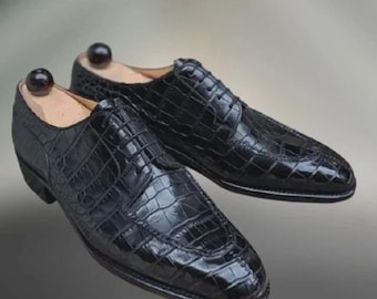 Handmade Black Crocodile Impression Derby Shoes: Men's Formal Leather Dress Shoes