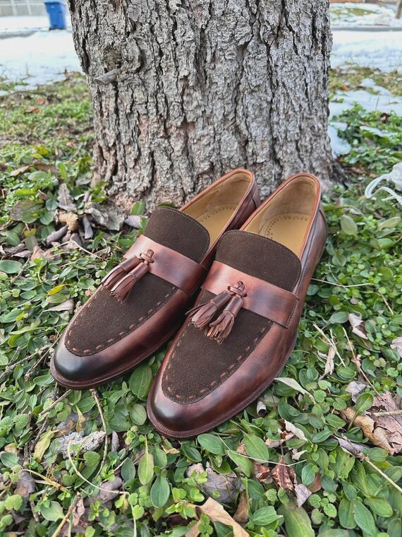 Handmade Dark Brown Leather Tassel Loafers: Men