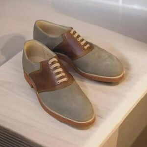 Men&#39;s handmade genuine leather brown and grey suede dress formal shoes