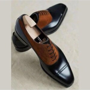 Men&#39;s handmade genuine leather black with brown suede wingtip brogue dress formal shoes
