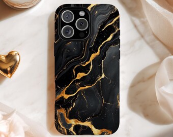 Black Gold Marble Phone Case Aesthetic Luxury Protective Art Cover for iPhone 16 15 14 13 12 Pro Max Samsung s26 s24 s25 Google Pixel 8 9