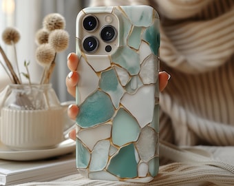 Mosaik-Handyhülle mit Küstenmotiv, minimalistischem Design und Meeresglas-Print für iPhone 17, 16, 15, 14, 13, 12 Pro Max, Samsung S26, S24, S25, Google Pixel 8 und 9