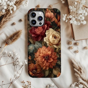 Floral Phone Case Dark Cottagecore Rose Dahlia Vintage Cute Gift Cover for iPhone 16 15 14 13 Pro Max Samsung s26 s24 s25 Google Pixel 8 9