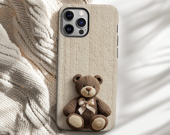 Teddy Bear Phone Case Knit Texture Cute Gift for Autumn Fall Cover for iPhone 16 15 14 13 12 Pro Max Samsung s26 s24 s25 Google Pixel 8 9