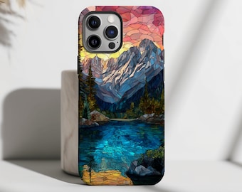 Stained Glass Mountain Lake Scenic Aesthetic Phone Case Print Cover for iPhone 16 15 14 13 12 Pro Max Samsung s26 s24 s25 Google Pixel 8 9