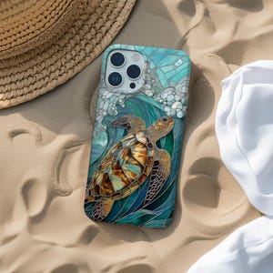Cover per telefono con stampa di tartaruga marina in vetro colorato, graziosa stampa artistica di oceano e spiaggia per iPhone 16 15 14 13 12 Pro Max Samsung s26 s24 s25 Google Pixel 8 9