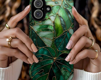 Stained Glass Monstera Leaf Phone Case Aesthetic Botanical Print Cover for iPhone 16 15 14 13 Pro Max Samsung s26 s24 s25 Google Pixel 8 9