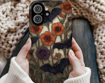 Halloween Case Bat Spooky Wildflower Faux Stained Glass Goth for Cover iPhone 17 18 17 16 15 14 Pro Max Samsung s26 s24 s25 Google Pixel 8 9