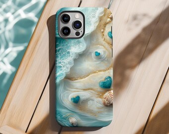 Ocean Waves Beach Phone Case Cute Teal Hearts Aesthetic Summer Cover for iPhone 18 17 16 15 14 Pro Max Samsung s26 s24 s25 Google Pixel 8 9