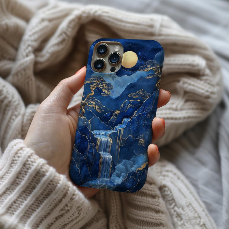 Jade Blue Phone Case Mountain Waterfall Landscape Art Marble Cover - Thumbnail 5