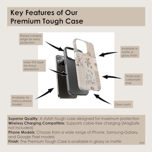 May include: A phone case with a floral design and a black outer shell. The case has a raised camera edge for extra protection, an inner TPU layer for shock absorption, and open ports. The case is available in matte or glossy finishes.  The text on the image reads: "Key Features of Our Premium Tough Case, Superior Quality: A stylish tough case designed for maximum protection Wireless Charging Compatible: Supports cable-free charging (MagSafe not included) Phone Models: Choose from a wide range of iPhone, Samsung Galaxy, and Google Pixel models Finish: The Premium Tough Case is available in glossy or matte"