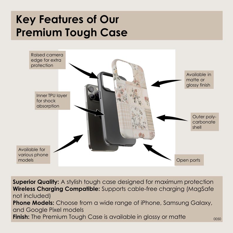 May include: A phone case with a floral design and a black outer shell. The case has a raised camera edge for extra protection, an inner TPU layer for shock absorption, and open ports. The case is available in matte or glossy finishes.  The text on the image reads: "Key Features of Our Premium Tough Case, Superior Quality: A stylish tough case designed for maximum protection Wireless Charging Compatible: Supports cable-free charging (MagSafe not included) Phone Models: Choose from a wide range of iPhone, Samsung Galaxy, and Google Pixel models Finish: The Premium Tough Case is available in glossy or matte"