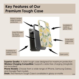 May include: A black and white phone case with a lemon print design. The case is made of a durable polycarbonate shell with a shock-absorbing TPU layer. It features raised edges for camera protection and open ports for easy access. The case is compatible with wireless charging and is available in matte or glossy finishes.