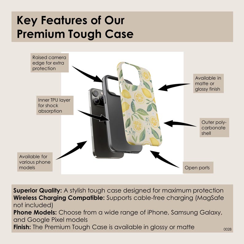 May include: A black and white phone case with a lemon print design. The case is made of a durable polycarbonate shell with a shock-absorbing TPU layer. It features raised edges for camera protection and open ports for easy access. The case is compatible with wireless charging and is available in matte or glossy finishes.