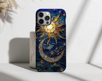 Celestial Gebrandschilderd Glas Telefoonhoesje Faux Moon Stars Night Sky Cover voor iPhone 17 16 15 14 13 12 Pro Max Samsung s26 s24 s25 Google Pixel 8 9
