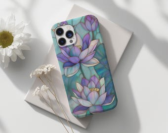 Stained Glass Lotus Phone Case Violet Blue Mosaic Floral Cover Art for iPhone 17 16 15 14 13 12 Pro Max Samsung s26 s24 s25 Google Pixel 8 9