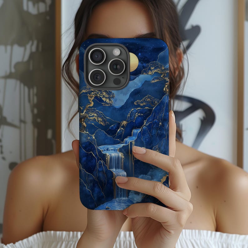 Jade Blue Phone Case Mountain Waterfall Landscape Art Marble Cover