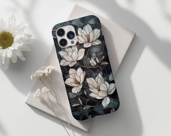 White Black Magnolia Phone Case Stained Glass Floral Mosaic Cover for iPhone 17 16 15 14 13 12 Pro Max Samsung s26 s24 s25 Google Pixel 8 9