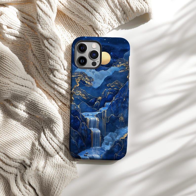 Jade Blue Phone Case Mountain Waterfall Landscape Art Marble Cover - Thumbnail 4