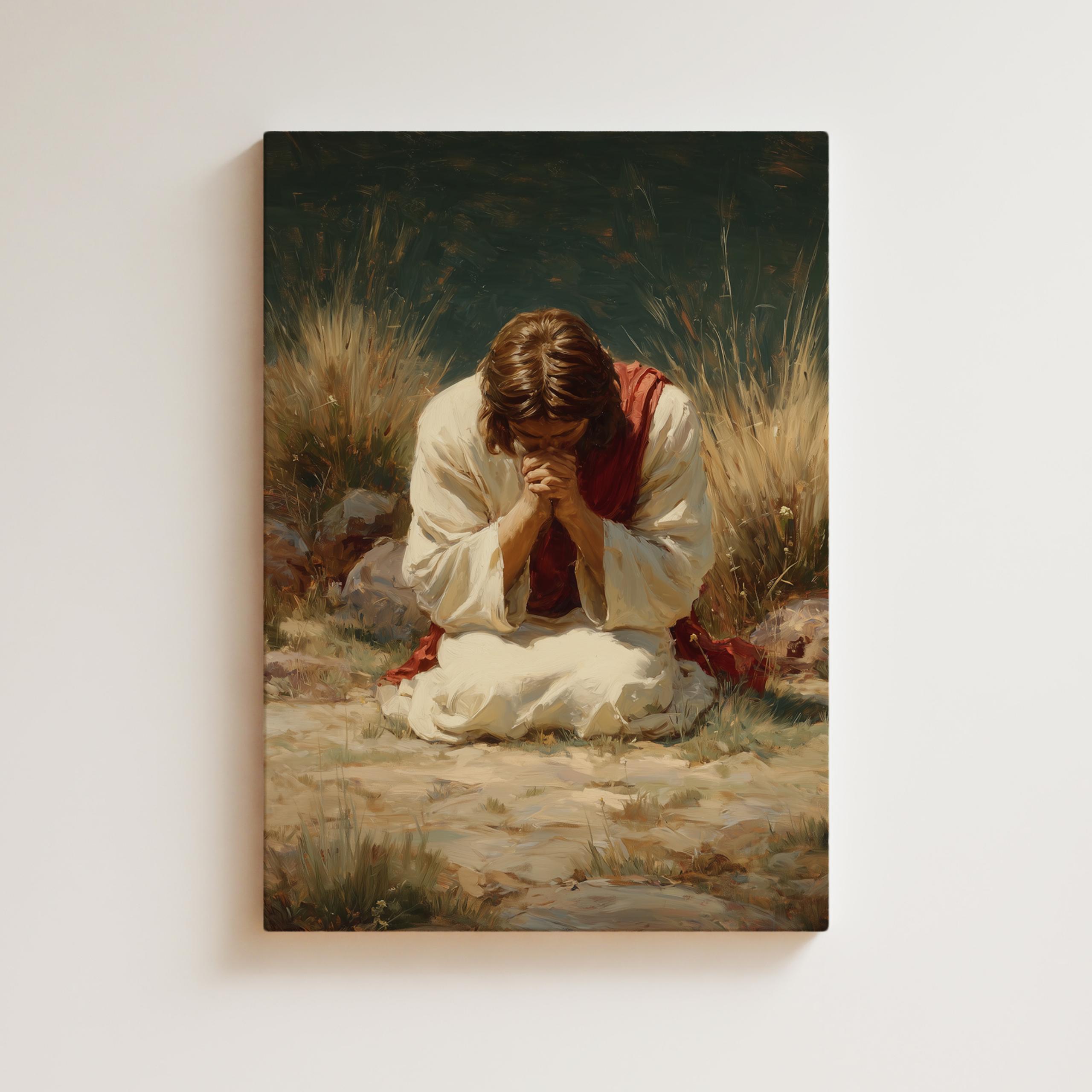 ゲッセマネで祈るイエスの油絵、信仰の光、印刷可能な絵画、現代の宗教