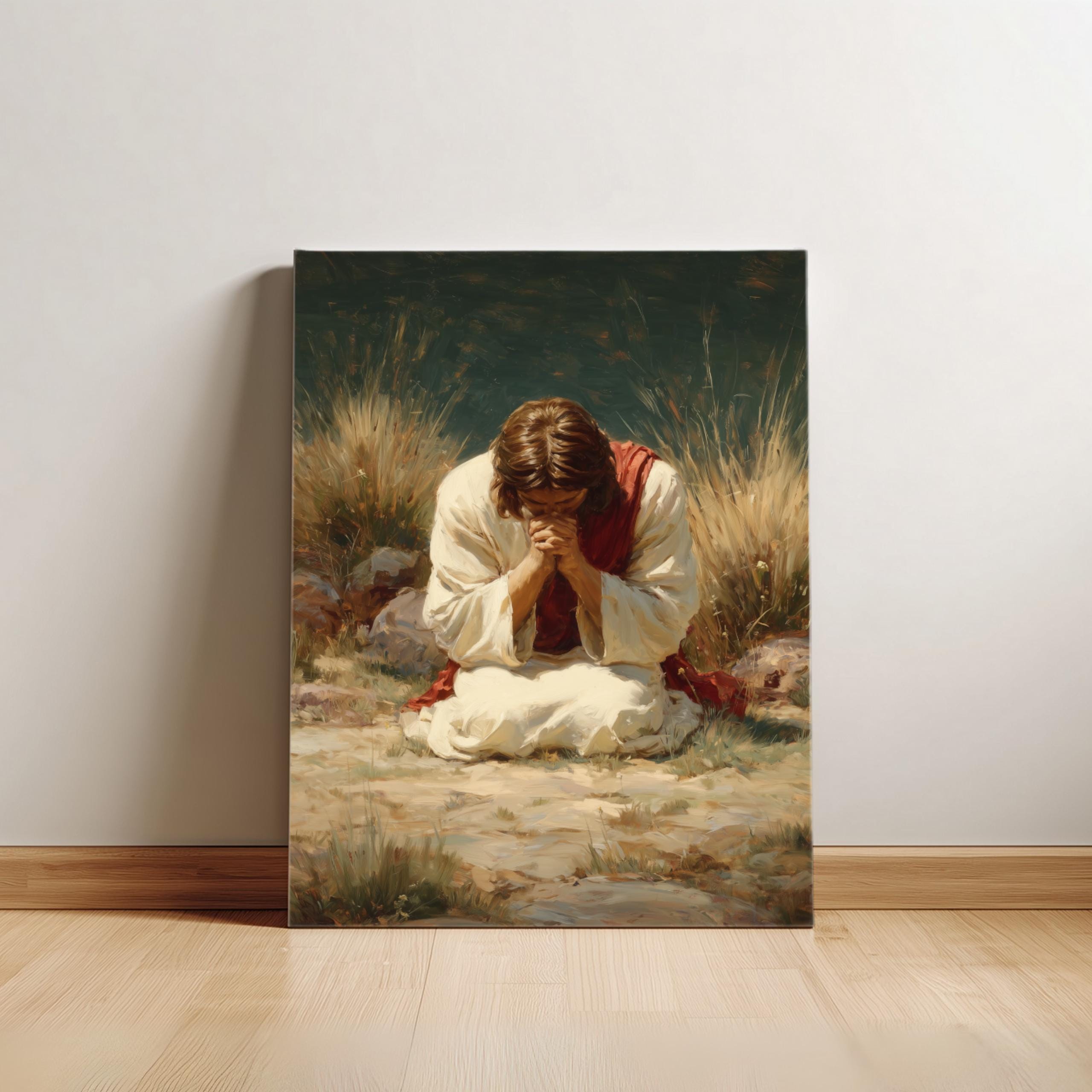 ゲッセマネで祈るイエスの油絵、信仰の光、印刷可能な絵画、現代の宗教