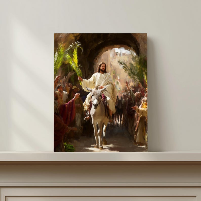 Jesus Entry Into Jerusalem in Style of Oil Painting, Jesus on Donkey ...