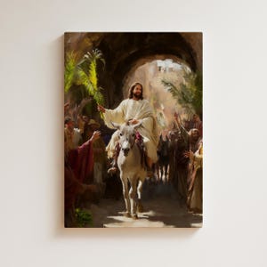 Ingresso di Gesù a Gerusalemme in stile dipinto a olio, Gesù sull&#39;asino, dipinto stampabile, arte murale religiosa moderna, stampa d&#39;arte cristiana
